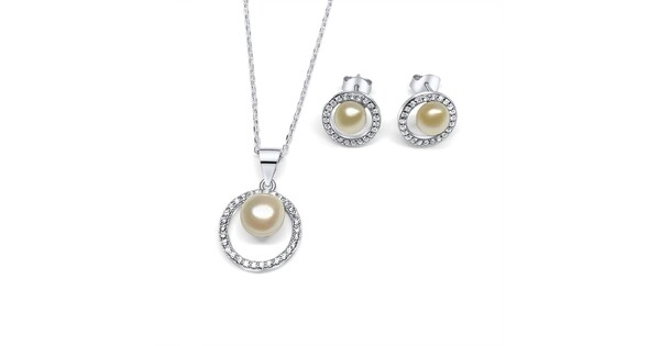 Σετ Κολιέ Και Σκουλαρίκια Καρφωτά Με Μαργαριτάρι Και Πέτρες Ζιργκόν