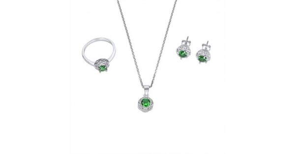 Σετ Κολιέ, Δαχτυλίδι Και Σκουλαρίκια Καρφωτά Με Πέτρες Ζιργκόν Και Σμαράγδι