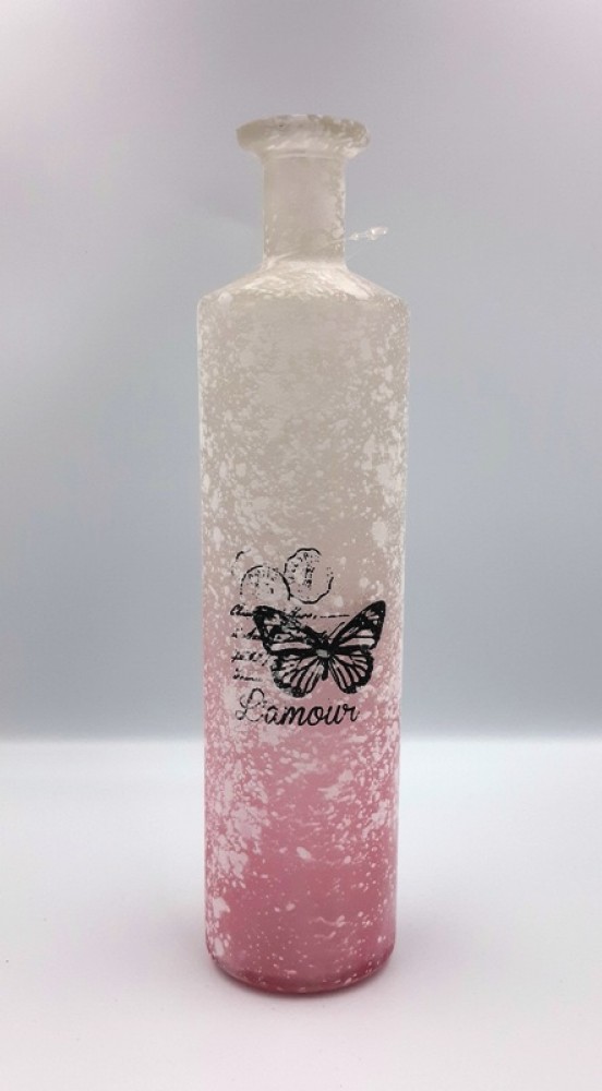 Pink And White Glass Vase With  A Butterfly Patern