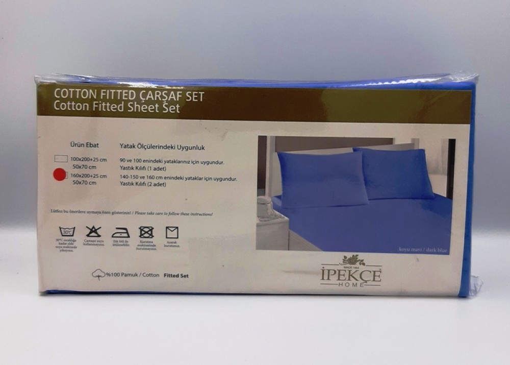 Cotton Fitted Bed Sheet Set Kingsize With 2 Pillocases Dark Blue Color