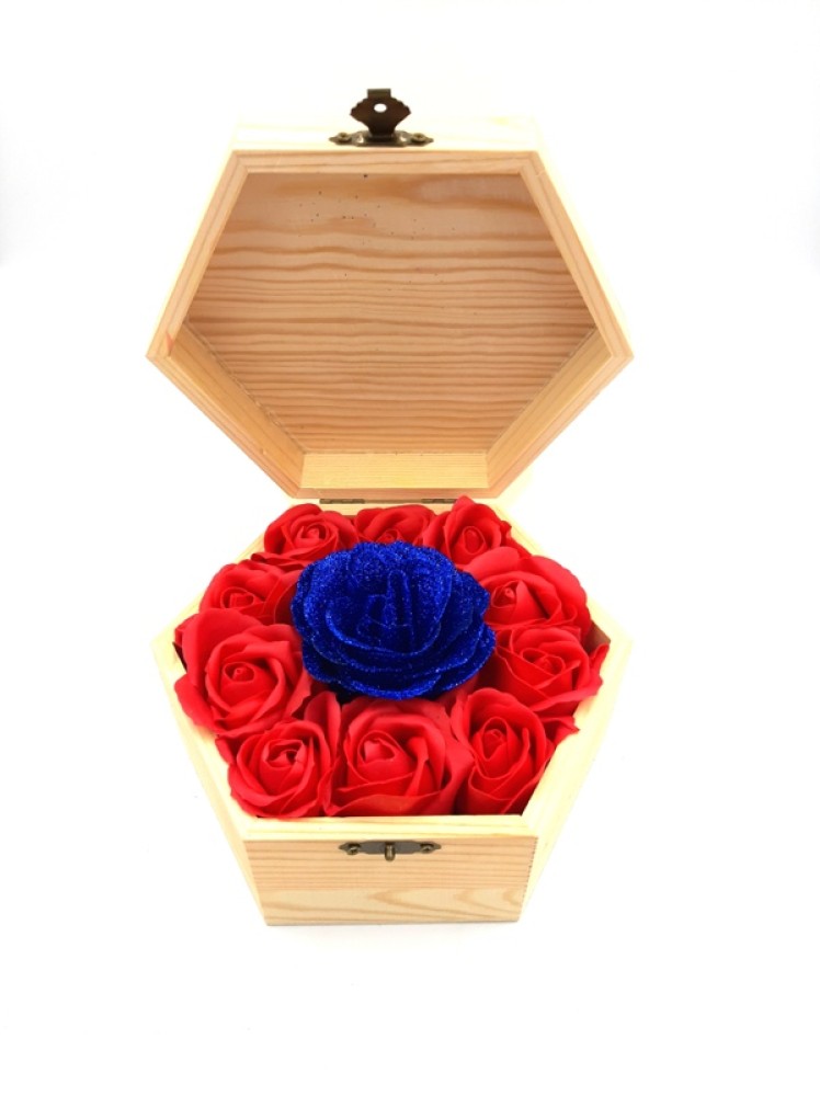 Wooden Gift Box With 10 Red Soap Roses And 1 Blue Rose With Glitter