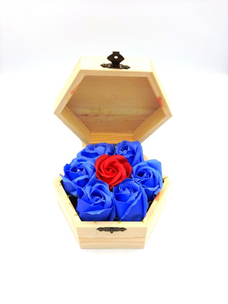 Wooden Gift Box With 6 Blue And 1 Red Soap Roses