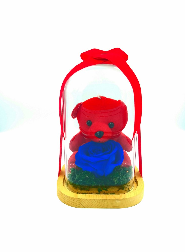 Glass Bell With A Blue Forever Rose And A Red Teddy Bear.