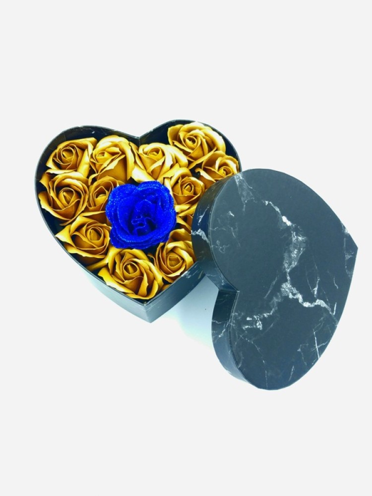 Black Color Heart Shapped Box With 12 Gold Soap Roses And 1 Blue Rose With Glitter