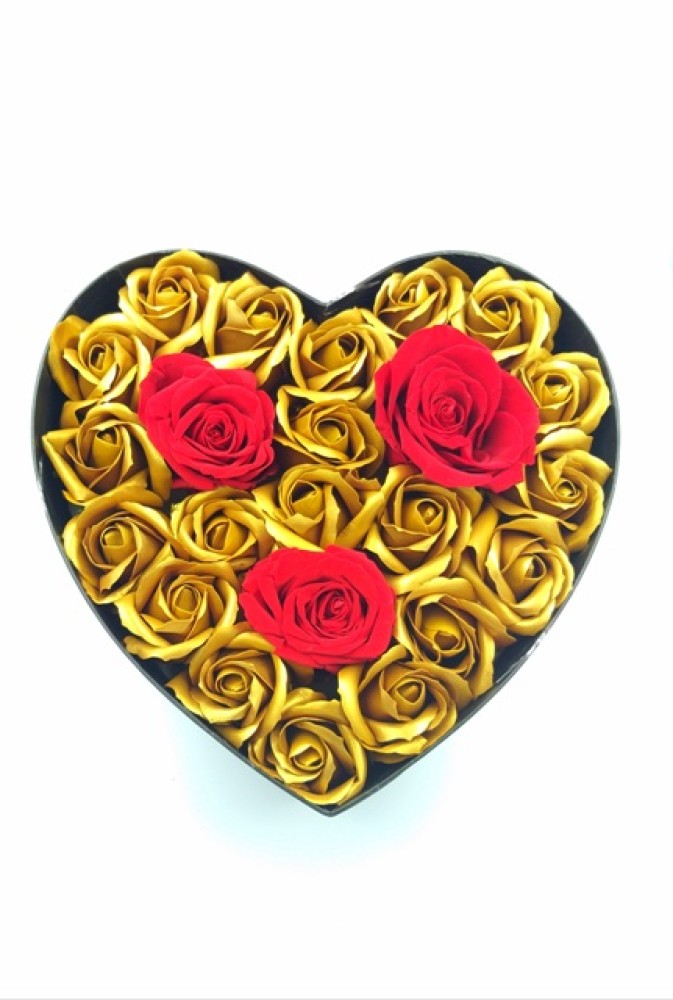 Black Color Heart Shapped Box With 20 Gold Soap Roses And 3 Red Forever Roses
