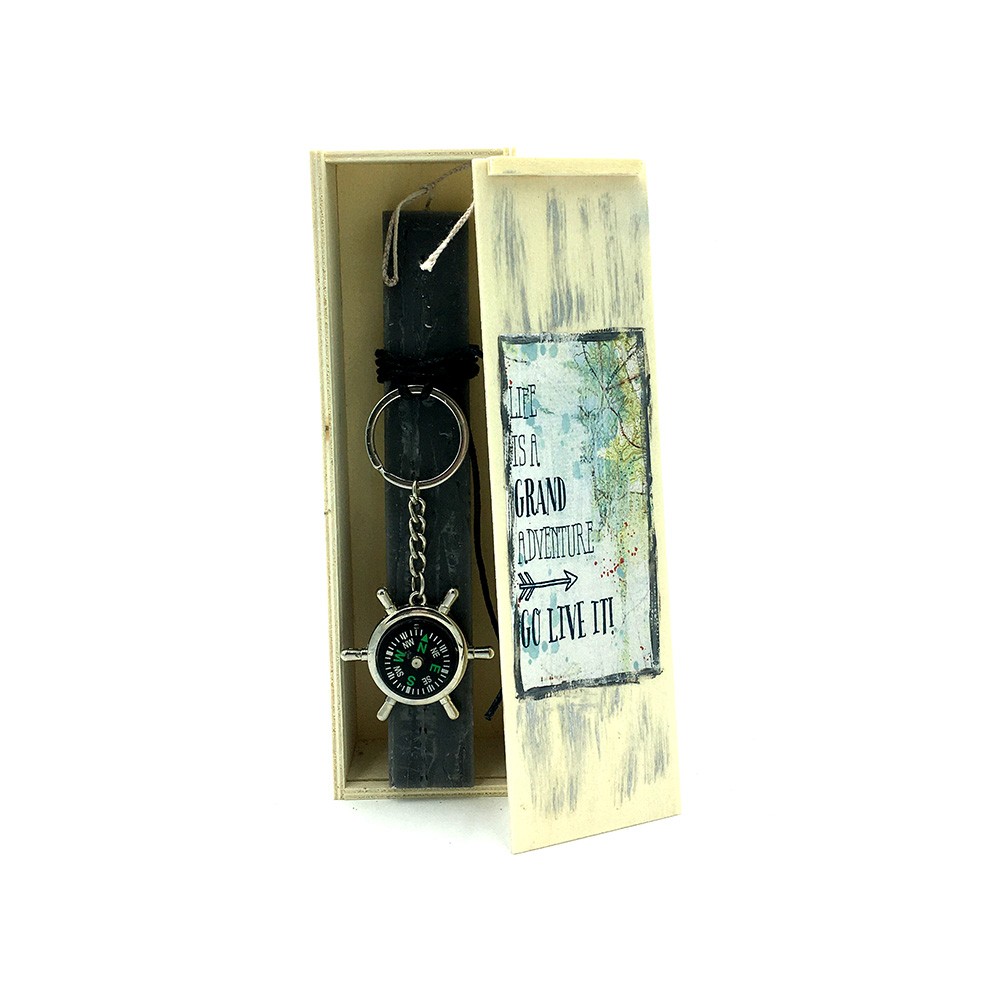 Easter Candle With A Metallic Keychain Ship Sterring Wheel-Compass In A Handmade Wooden Box