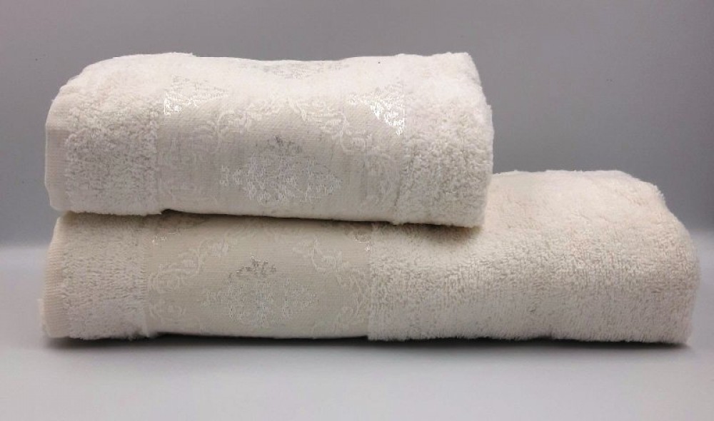 Bath And Face Towel Set With A Barok Pattern White Color (Ipekce Home)