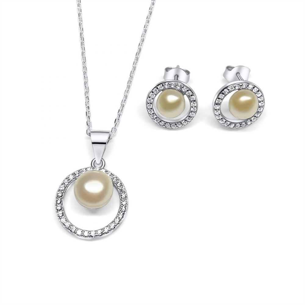 Σετ Κολιέ Και Σκουλαρίκια Καρφωτά Με Μαργαριτάρι Και Πέτρες Ζιργκόν - 1
