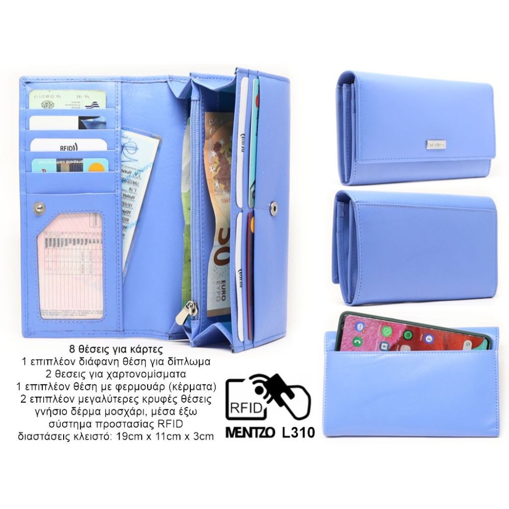 Mentzo Large Leather Womens Wallet with RFID Blue Colour - 4