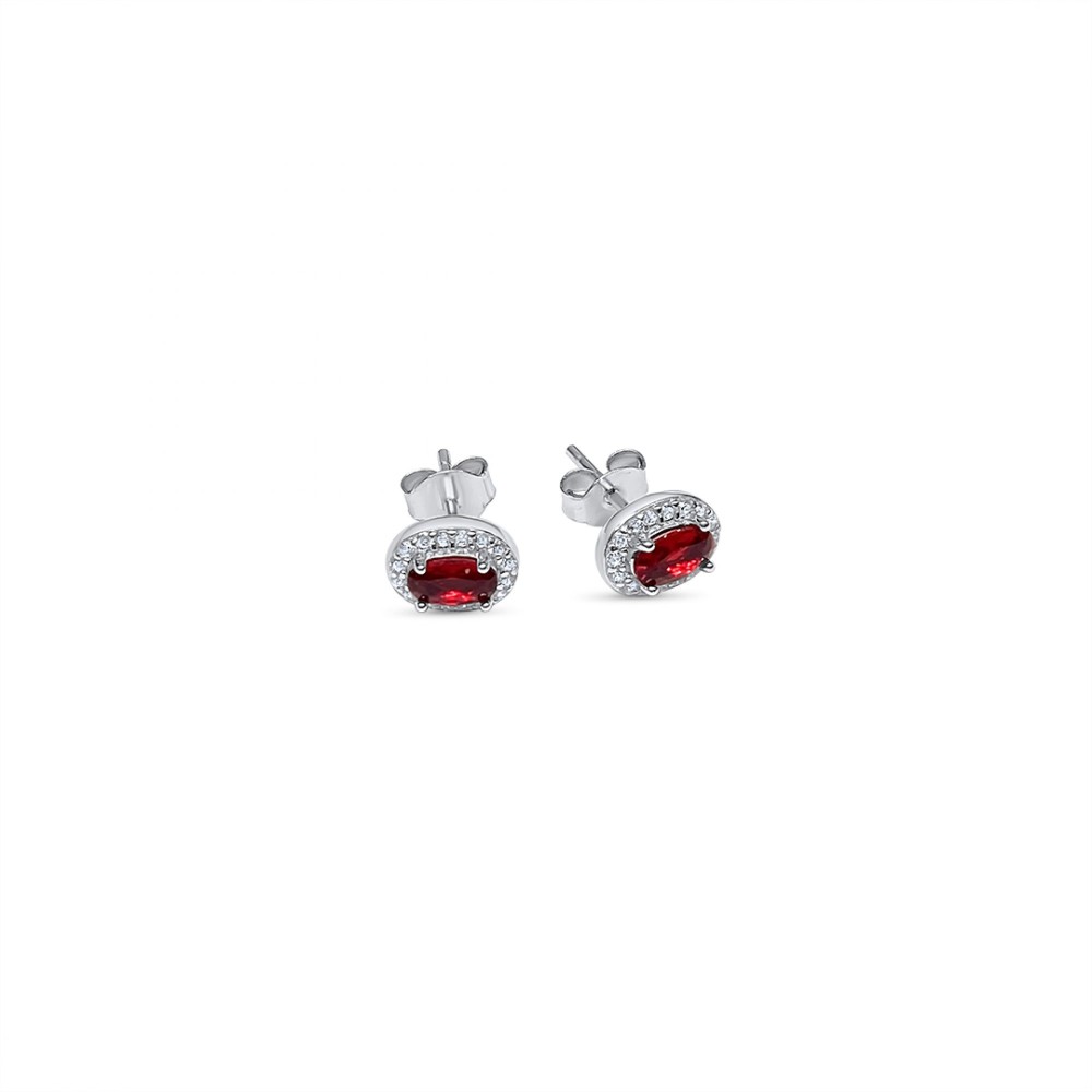 Silver Stud Earrings With Ruby And Zircon Stones - 1
