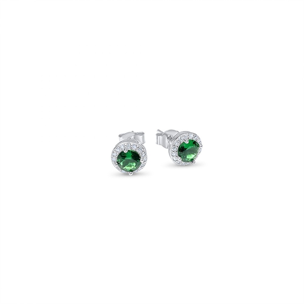 Silver Stud Earrings With Emerald And Zircon Stones - 1