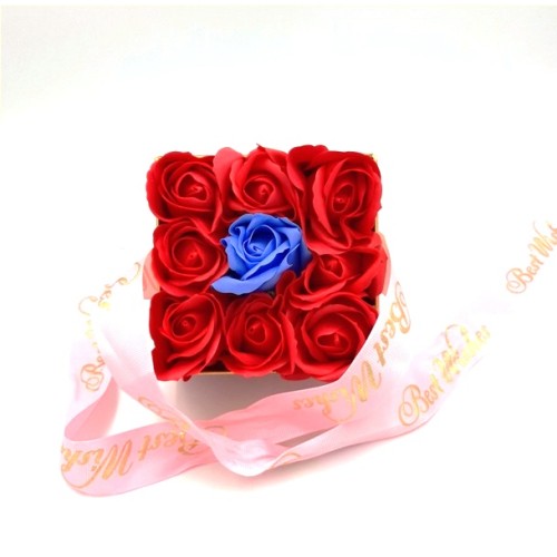 Pink Box With A See-Through Lid, With Red And Blue Soap Flowers