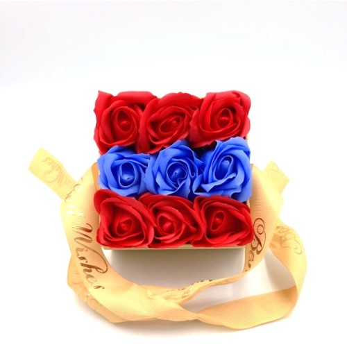Yellow Box With A See-Through Lid, With Red And Blue Soap Flowers