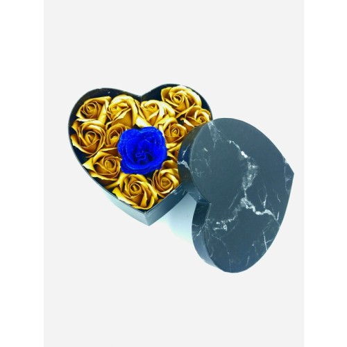 Black Color Heart Shapped Box With 12 Gold Soap Roses And 1 Blue Rose With Glitter - 1