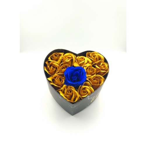 Black Color Heart Shapped Box With 12 Gold Soap Roses And 1 Blue Rose With Glitter - 2