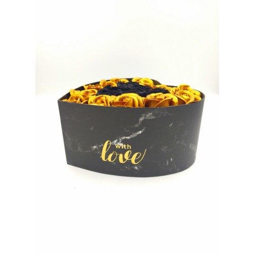 Black Color Heart Shapped Box With 13 Gold Soap Roses And 6 Black Forever Roses - 4
