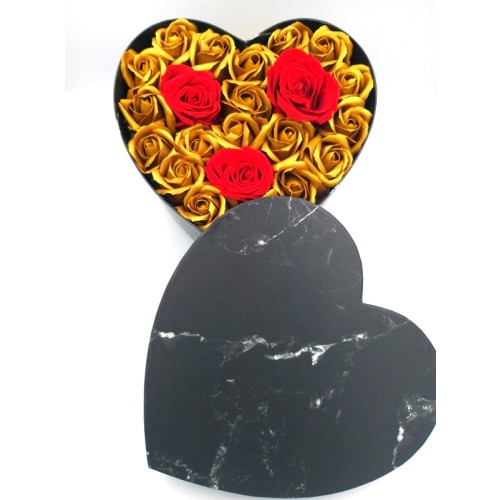 Black Color Heart Shapped Box With 20 Gold Soap Roses And 3 Red Forever Roses - 2