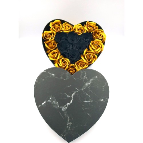 Black Color Heart Shapped Box With 13 Gold Soap Roses And 6 Black Forever Roses - 3