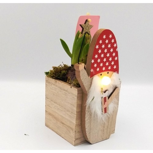 Ξύλινο Διακοσμητικό Γλαστράκι Άγιος Βασίλης Με Βολβό Λουλουδιού Και Φωτάκι LED