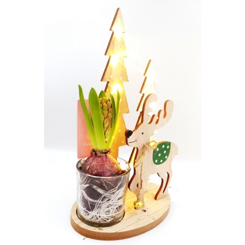 Χριστουγεννιάτικη Ξύλινη Κατασκευή Με Ξύλινο Ελαφάκι και Έλατο Με Φωτάκια LED Και Γυάλινη Γλαστρούλα Με Βολβό Λουλουδιού - 3