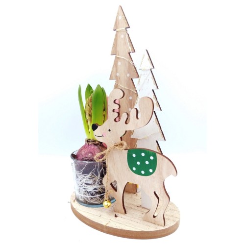 Wooden Christmas Tree And Deer Decoration With A Glass Flower Pot And A Flower Bulb - 2