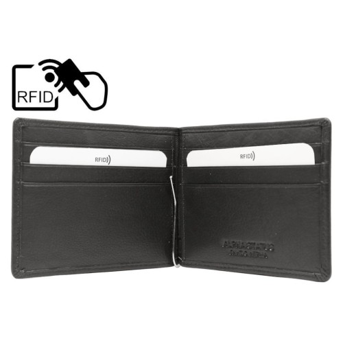Alpha Status Leather Mens Wallet with RFID Black Colour With Clip