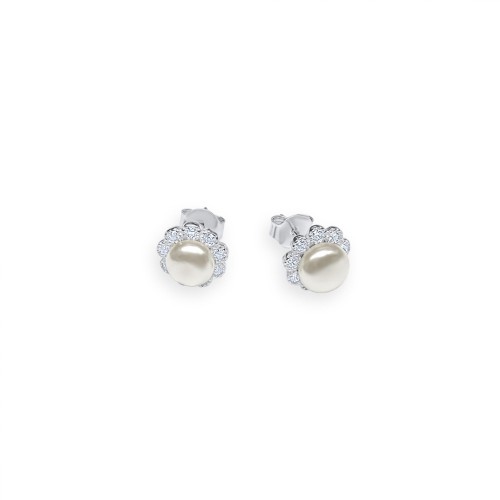 Silver Stud Earrings With Pearl And Zircon Stones