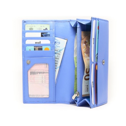 Mentzo Large Leather Womens Wallet with RFID Blue Colour