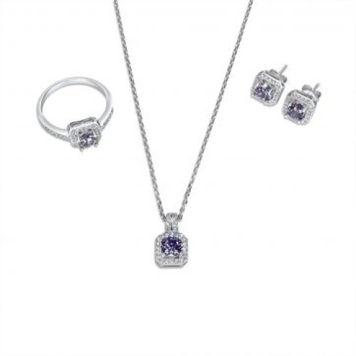 Σετ Κολιέ, Δαχτυλίδι Και Σκουλαρίκια Καρφωτά Με Πέτρες Ζιργκόν Και Αμέθυστο